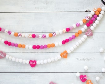 Heart Felt Ball Garland - Valentines Day Felt Garland, Felt Ball Garland, Conversation Heart Garland, Valentines Day Felt Ball Garland