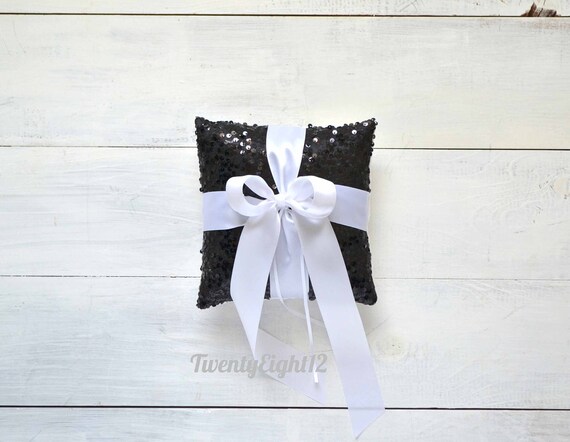 Black Sequin Ring Bearer Pillow With White Satin Bow Ring Etsy