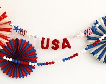 Felt Ball Garland - 4th of July Felt Garland,  USA Banner, Red White and Blue Garland, July 4th Garland, Independence Day, American Flag
