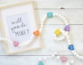 Heart Felt Ball Garland - Valentines Day Felt Garland, Felt Ball Garland, Conversation Heart Garland, Valentines Day Felt Ball Garland