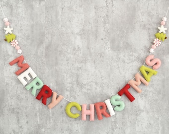 Merry Christmas Felt Banner with Wool Christmas Tree, Peppermint and Star