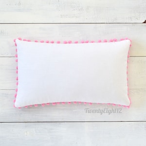 Pom Pom Lumbar Pillow Cover - White Cotton & Pink Pom Poms - 12&quot; x 20&quot; - Decorative Pillow, Throw Pillow, Pom Pom Pillow Cover, White Pillow