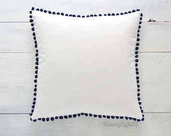 White Cotton & Navy Blue Pom Pom Pillow Cover - 20" x 20" - Decorative Pillow, Throw Pillow, Pom Pom Pillow Cover, Navy Pillow, Boys Pillow