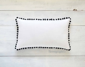 White & Black Pom Pom Pillow Cover -Farmhouse Pillow, Black and White Throw Pillow, Decorative Pillow Cover, Pom Pom Pillow, White Pillow