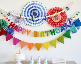 Happy Birthday Banner Felt Garland | Birthday Party Banner, Reusable Felt Birthday Decoration, Kid Birthday Decor, Cake Smash Backdrop
