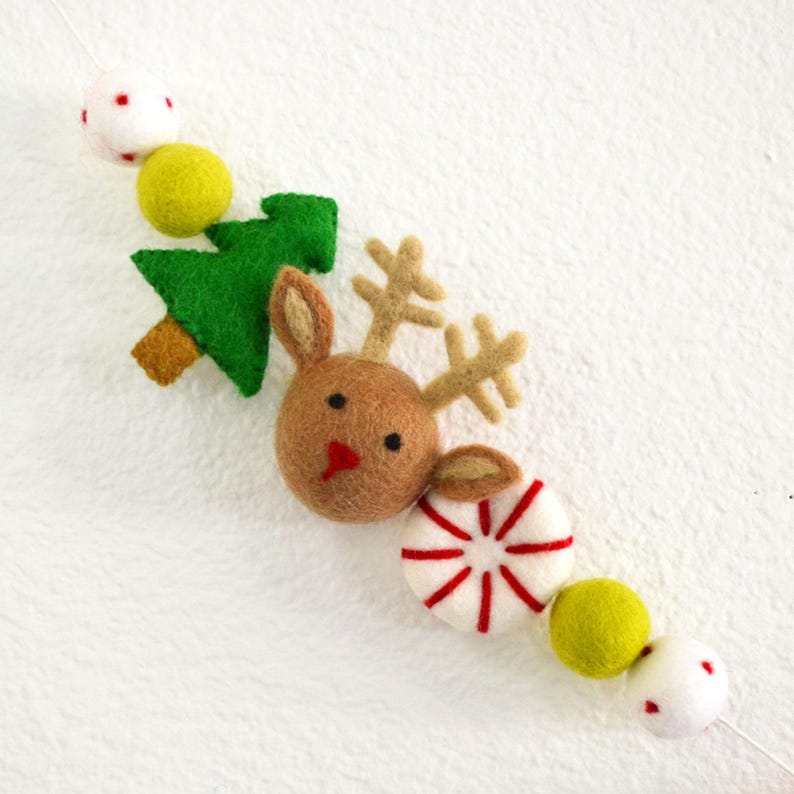 BE MERRY Felt Ball Garland with Red Letters, Peppermint, Reindeer, Christmas Tree and Colorful Wool Felt Balls image 4