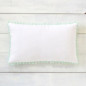 Mint Pom Pom Lumbar Pillow Cover -  12&quot; x 20&quot; - Mint Pillow, Throw Pillow, Pom Pom Pillow Cover, White Pillow, Girls Pillow, Nursery Pillow