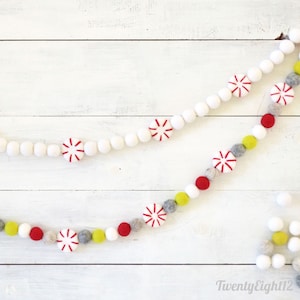 Peppermint Felt Ball Garland -Christmas Felt Ball Garland, Felt Ball Garland, Holiday Garland, Xmas Garland, Christmas Tree Garland,