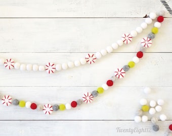 Peppermint Felt Ball Garland -Christmas Felt Ball Garland, Felt Ball Garland, Holiday Garland, Xmas Garland, Christmas Tree Garland,