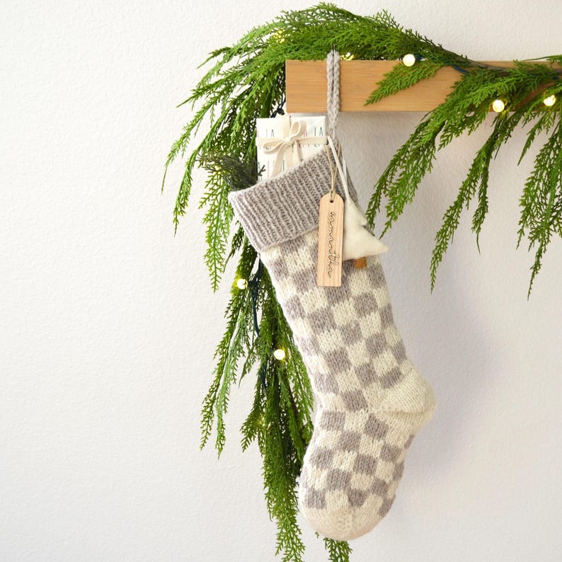 Personalized Christmas Stocking | Personalized Fur Family Stockings | Bohemian Velvet Stocking | Kids Knit Stockings (name tag NOT included) 11. Ivory and Tan Wool Checkers Hand Knit