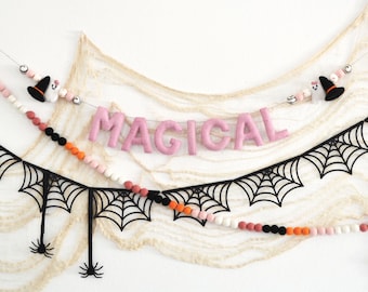 MAGICAL Felt Banner | Halloween Party Decorations | Reusable Halloween Party Photo Backdrop | Felt Ball Garland | Paper Spider Webs Banner