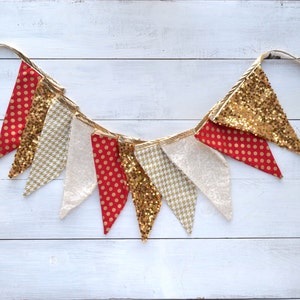 Red and Gold Holiday Pennant Banner Bunting, Pennant, Birthday Banner, Baby Shower, Birthday Banner, Fabric Flag Banner, Banner image 1