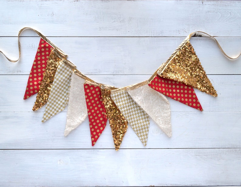 Red and Gold Holiday Pennant Banner Bunting, Pennant, Birthday Banner, Baby Shower, Birthday Banner, Fabric Flag Banner, Banner image 1