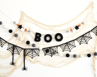 BOO Felt Banner | Halloween Photo Backdrop | Halloween Felt Ball Garlands | Halloween Party Decorations | Paper Spider Webs | Party Decor