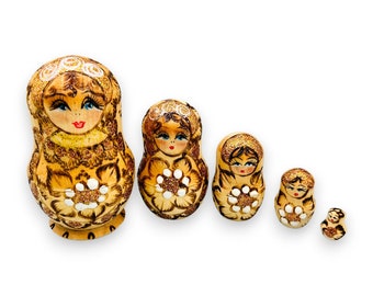 Ukrainian / Russian Stacking Nesting Dolls - Intricate Burnt Wood Detail