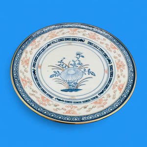 Vintage 10&quot; Chinese Porcelain Plate with Blue Floral & Gold Trim