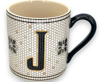 Anthropologie Elegant Monogram Initial J Coffee Mug - Stylish Black & White Bistro Tile Design