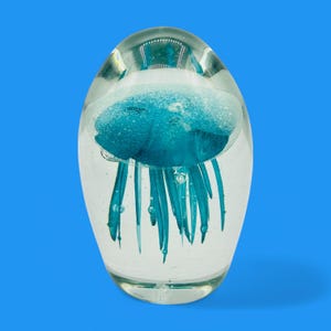 Teal Jellyfish Glass Paperweight - Vintage Charm - Glows in the Dark
