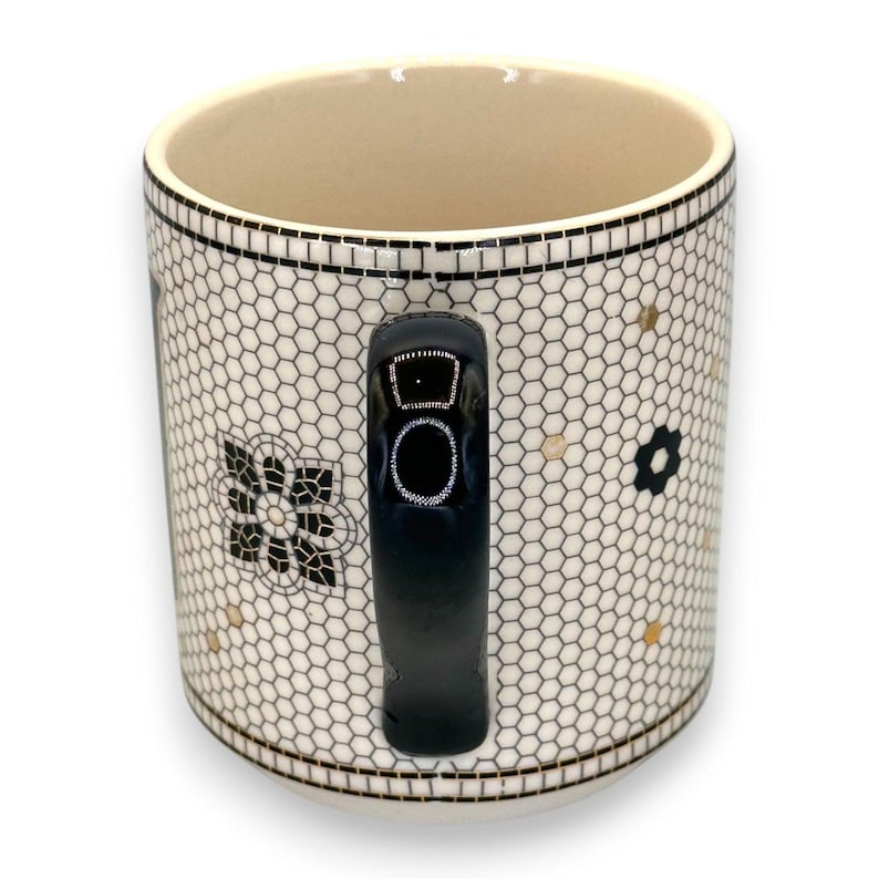 Anthropologie Elegant Monogram Initial J Coffee Mug - Stylish Black & White Bistro Tile Design