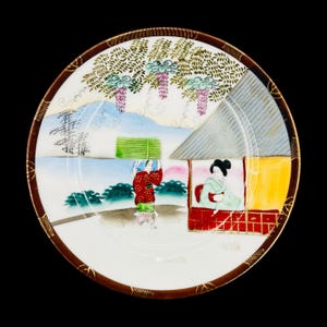 Antique Japanese Hand-Painted Plate -Geisha & Landscape Scene 7.5&quot;