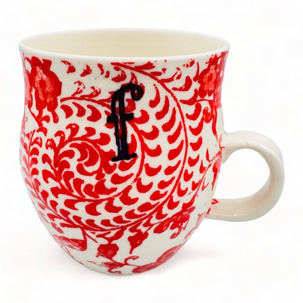 Anthropologie Initial / Letter "F" Coffee Mug - Red Fleur  Chinoiserie