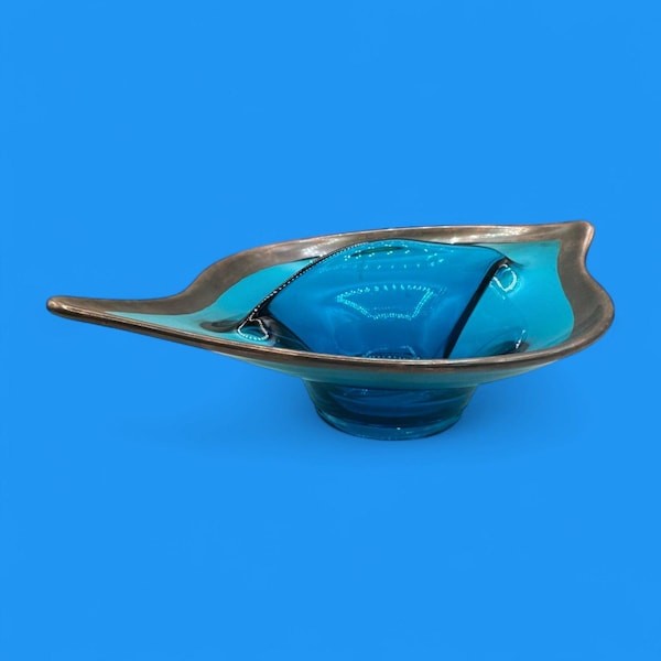 Plato para dulces de vidrio Viking Bluenique vintage: borde plateado, plato para servir con divisiones MCM