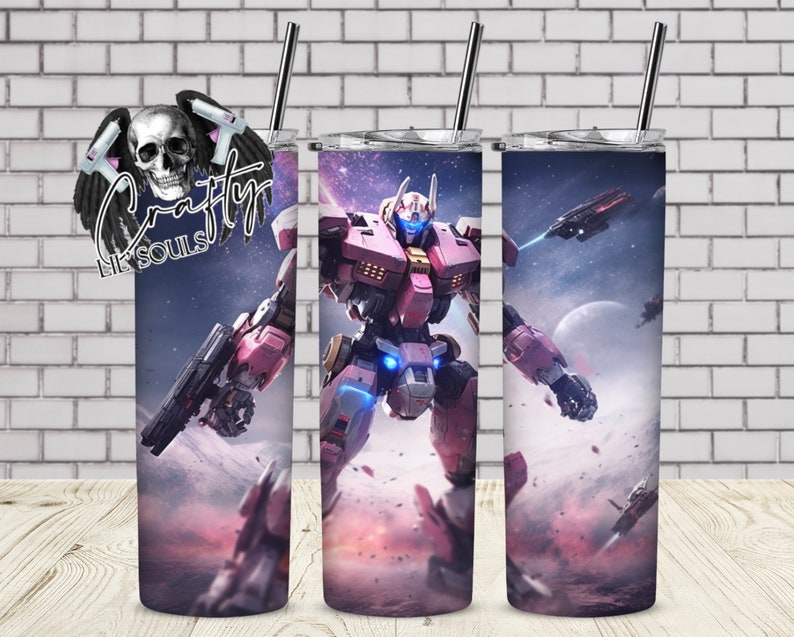 May include: A pink and blue robot with a large gun stands in front of a space background with a planet and a spaceship. The robot is in a fighting pose with its gun pointed forward. The background is a dark blue with stars and a pink and purple nebula.