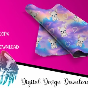 Niedliche Französische Bulldogge Musterdesign mit weichen Pastellfarben Wolken und Herzen | Hochauflösender digitaler Download