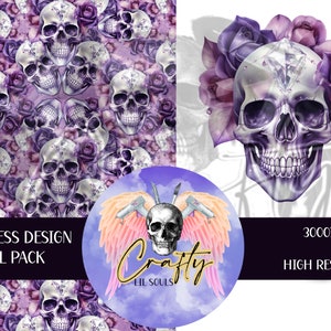 Beautiful Skull with Purple Roses and Gems Seamless Pattern & Decal Pack| High-Quality PNG | Clipart | Digital Download
