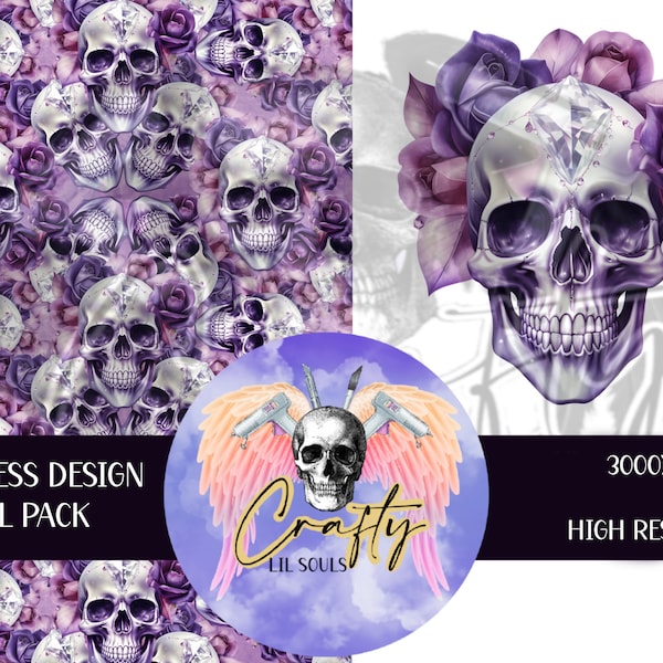 Beautiful Skull with Purple Roses and Gems Seamless Pattern & Decal Pack| High-Quality PNG | Clipart | Digital Download