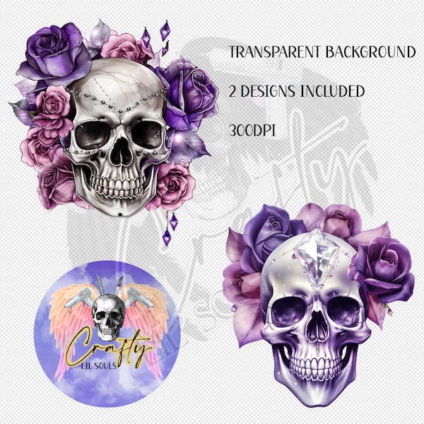 Beautiful Skull with Purple Roses and Gems Waterslide Decal | High-Quality PNG | Clipart | Digital Download