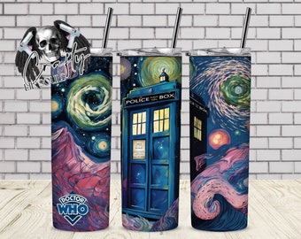 May include: A stainless steel tumbler with a colorful design featuring a blue police box and a swirling galaxy background. The text "Doctor Who" is visible on the tumbler.