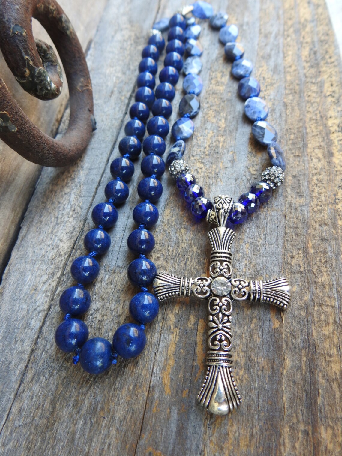 Long Beaded Necklace Hand Knotted Cross Necklace Vintage Etsy