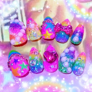 Rainbow Glitter Star Decora Party kei Nails