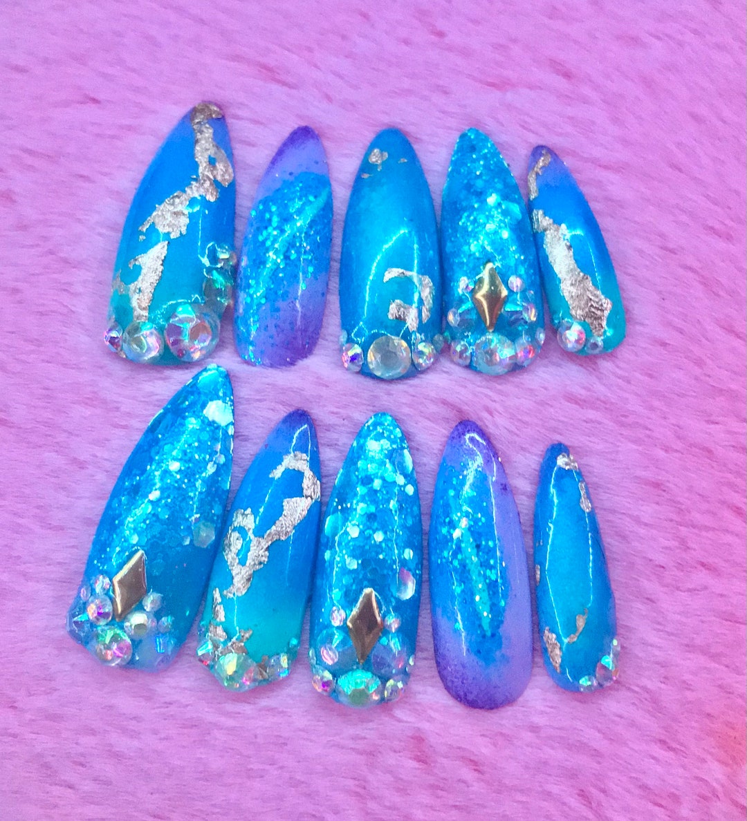 Blue, Purple and Gold Mystical Nails - Etsy