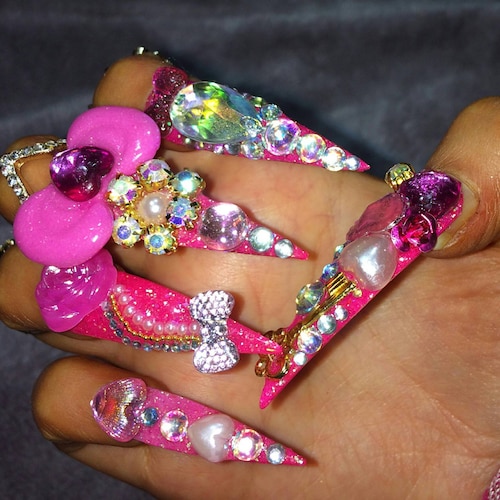 Pink Long Glitter Gyaru Lolita Princess Sparkly Luxury Press - Etsy