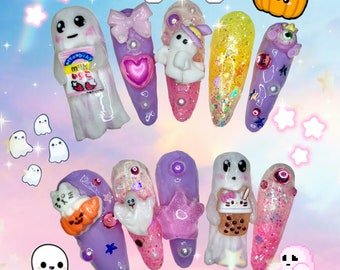 Kawaii Gruseliges Halloween | Press On Nails (3D Gel-Nägel, Geisterkürbis, Katze)