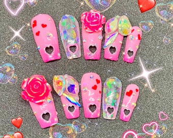 Pink Iridescent Heart Cutout Nails With Hand-Painted Red Hearts | Valentines Theme