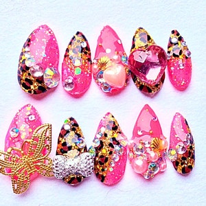 Pink Glitter Leopard Butterfly Fierce Mermaid Kawaii Gyaru Nails