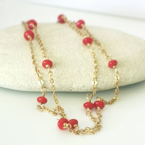 coral necklace, layering coral necklace, coral and gold filled necklace, dainty necklace