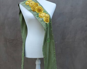 Celery Sage Green Cotton with 3 dimensional hand made cotton canary yellow and mustard yellow toned roses choker scarf