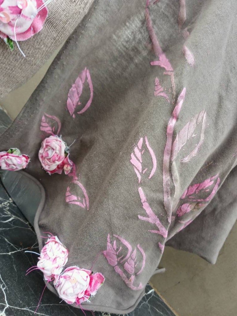 Cotton Taupe Gauze Bandana with Pink and Blush handmade cotton roses.