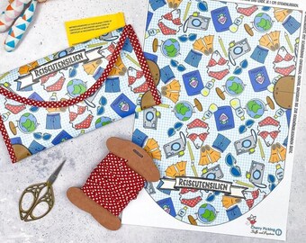 DIY Set | Mappe Etui Tasche Urlaub Reise-Utensilien nähen | PVC-Plane abwischbar | Doodle Urlaubs Motive | Geschenk Urlaub Ferien Reise