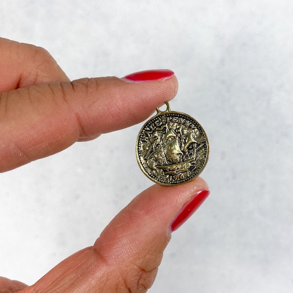 Münzen zum Aufnähen | 10er Set goldfarben | Schiff Kopf | Antik Optik | Münzanhänger Münzknöpfe Charms