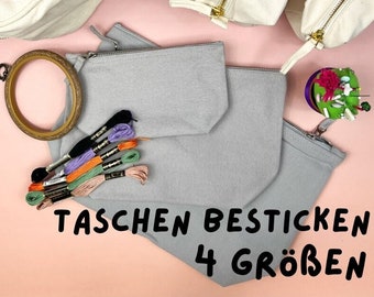 Stick-Set | Baumwoll-Tasche grau Reissverschluss + 5 Garne + Nadel + Vlies | Canvas | Kosmetikbeutel Projektbeutel Reiseapotheke