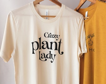 Damen T-Shirt Gr. M L | Aufdruck Crazy Plant Lady | Pflanzen Garten | Creme Weiß Beige | Statement  Schrift | Plant Lover