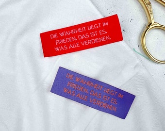 Web-Etikett Spruch Frieden Wahrheit | 2er Set |  lila rosa rot orange | rechteckig | gewebtes Etikett Kleidung Shirt Tasche | Aufnäher