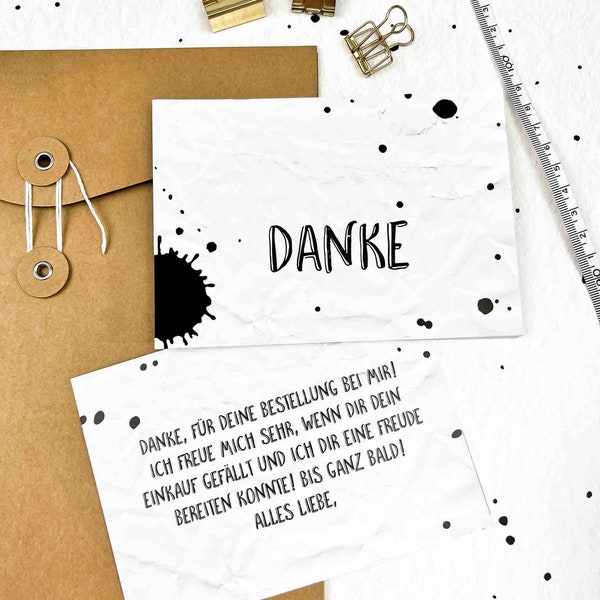 20 Postkarten DANKE Einkauf | DIN A6 weiß schwarz | Beilage Bestellungen Versand Kundenpost | Büro Handmade Business | Serie KLECKS!