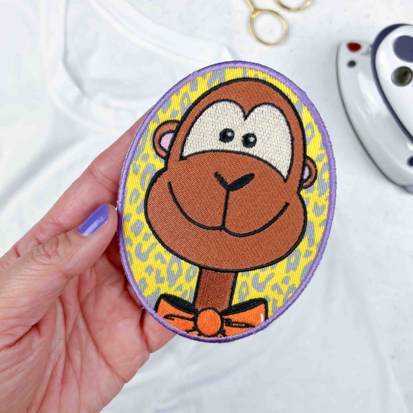 Applikation Bügelbild Affe Monkey | Patch gestickt oval | T-Shirt Bild Motiv Taschen Kinderkleidung Rucksack nähen | Stick Label
