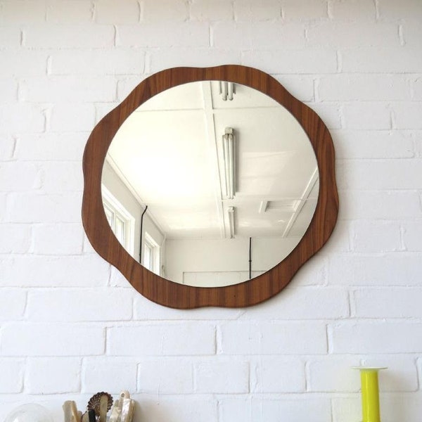 Vintage Round Danish Teak Effect Wall Mirror or Mid Century Modernist Mirror